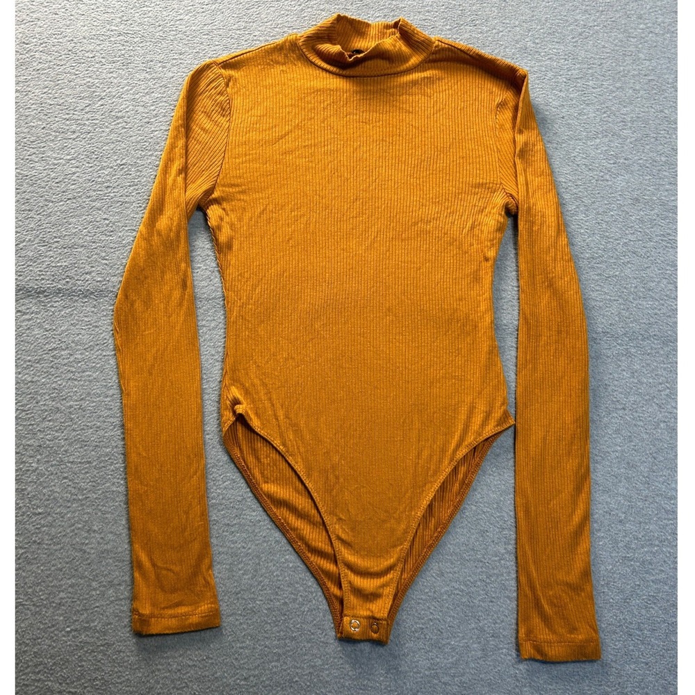Forever 21 Mock Neck Bodysuit Womens Small Mustard Ribbed Long Sleeve Fitted